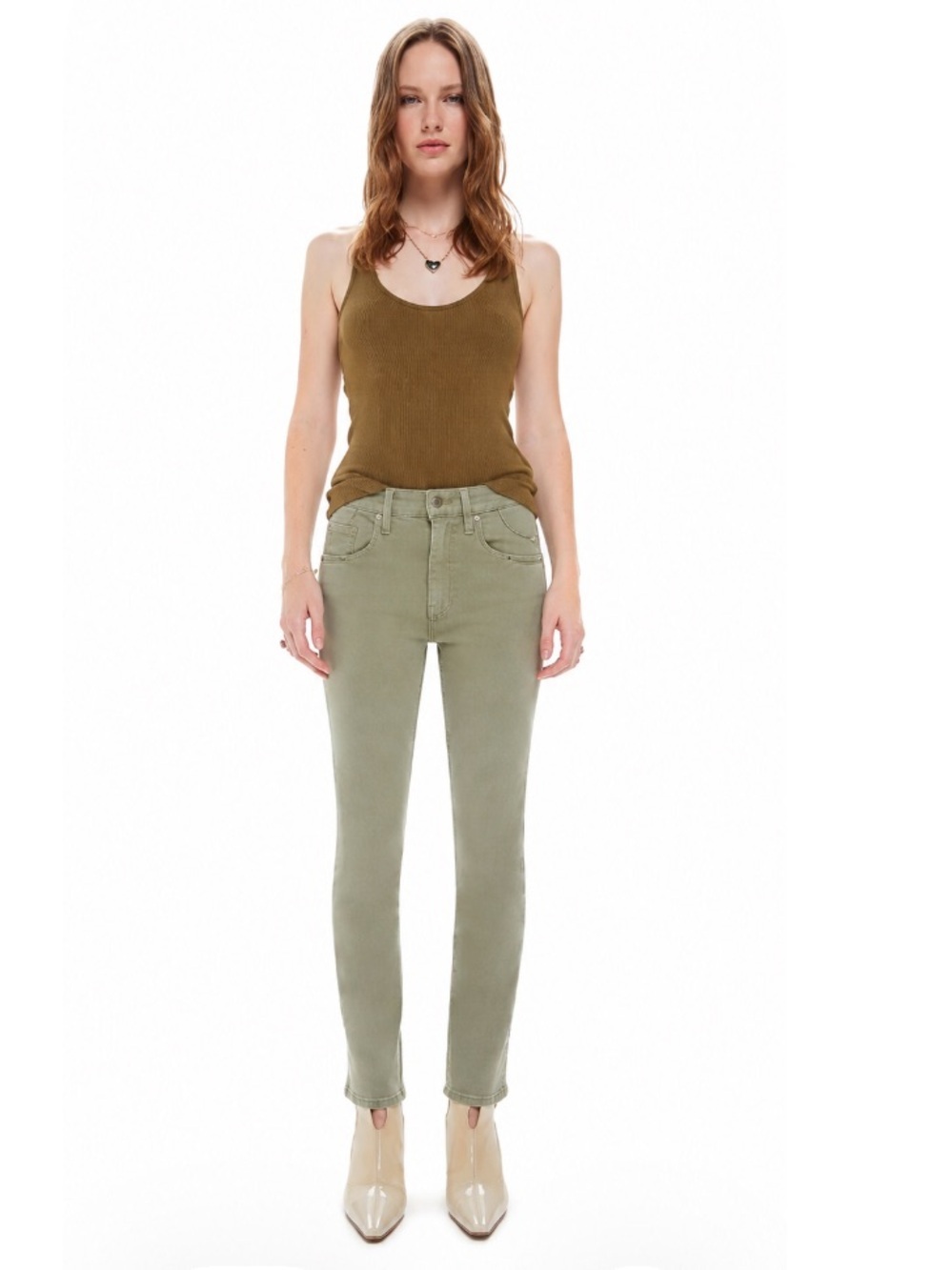 NWT MOTHER “The Stash Mid Rise Dazzler Ankle” In Second Chance Oil Green Size 25